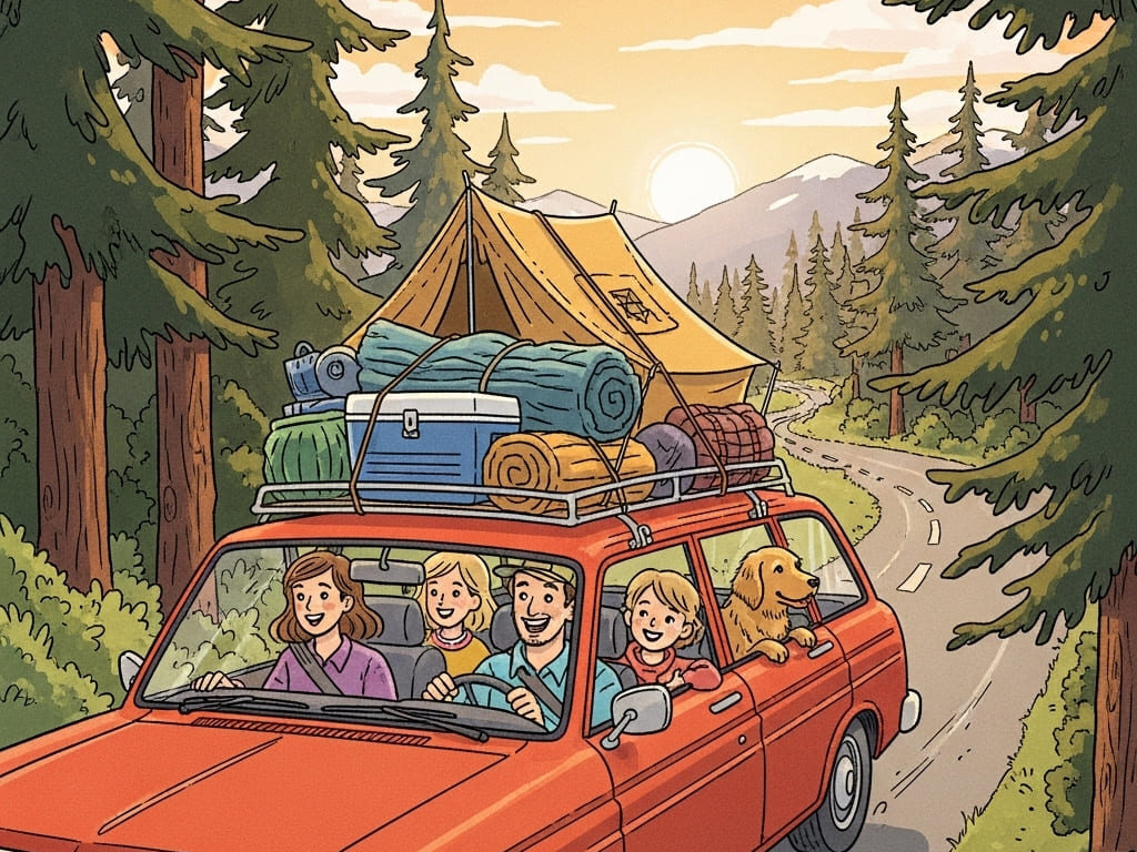車でキャンプに向かう家族の画像