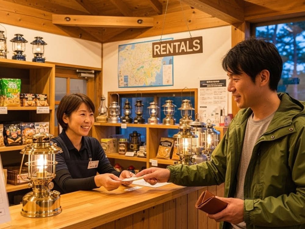 ランタンをレンタルする男性