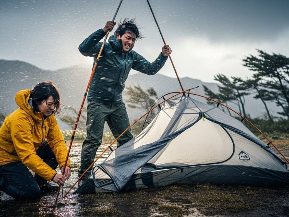悪天候の中、テントを設営する夫婦の画像