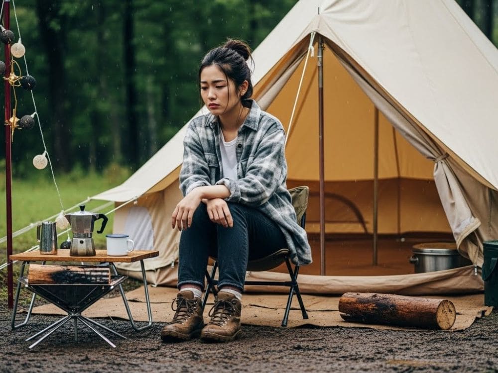 キャンプがうまくいかずに落ち込む女性の画像
