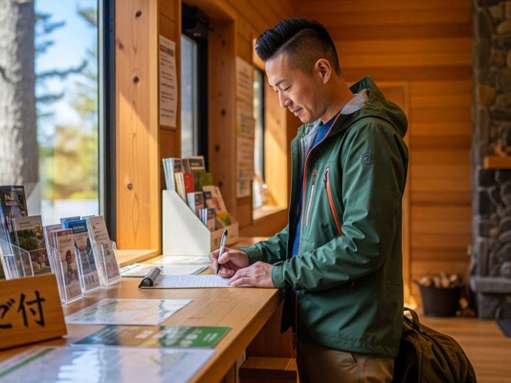キャンプ場で受付をする男性