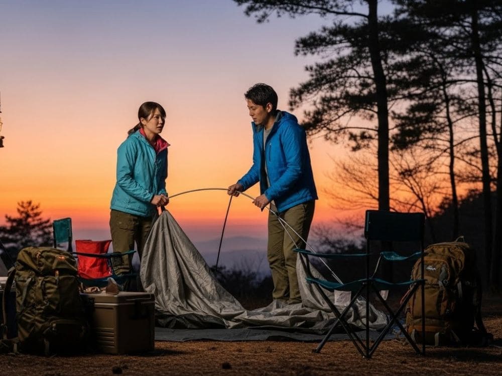 日が暮れても設営が終わらない夫婦の画像
