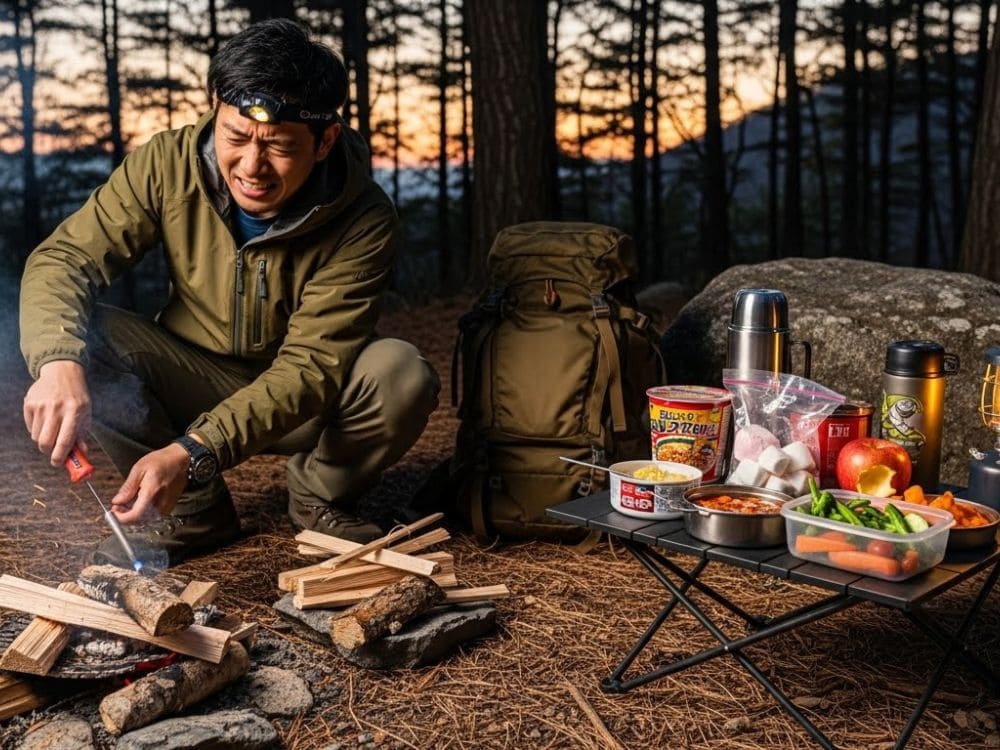 火おこしに時間がかかっている人の画像