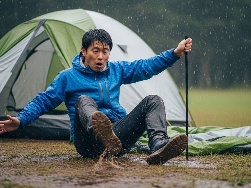 テント設営中に転倒する男性の画像