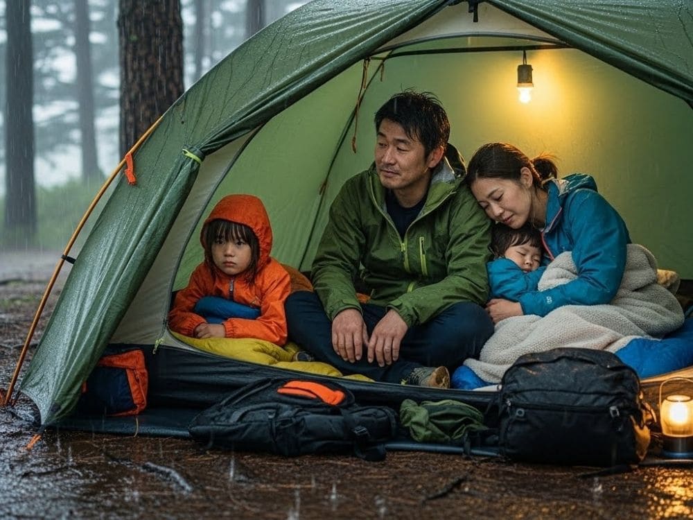 落ち着いて雨の中のキャンプを過ごす家族の画像