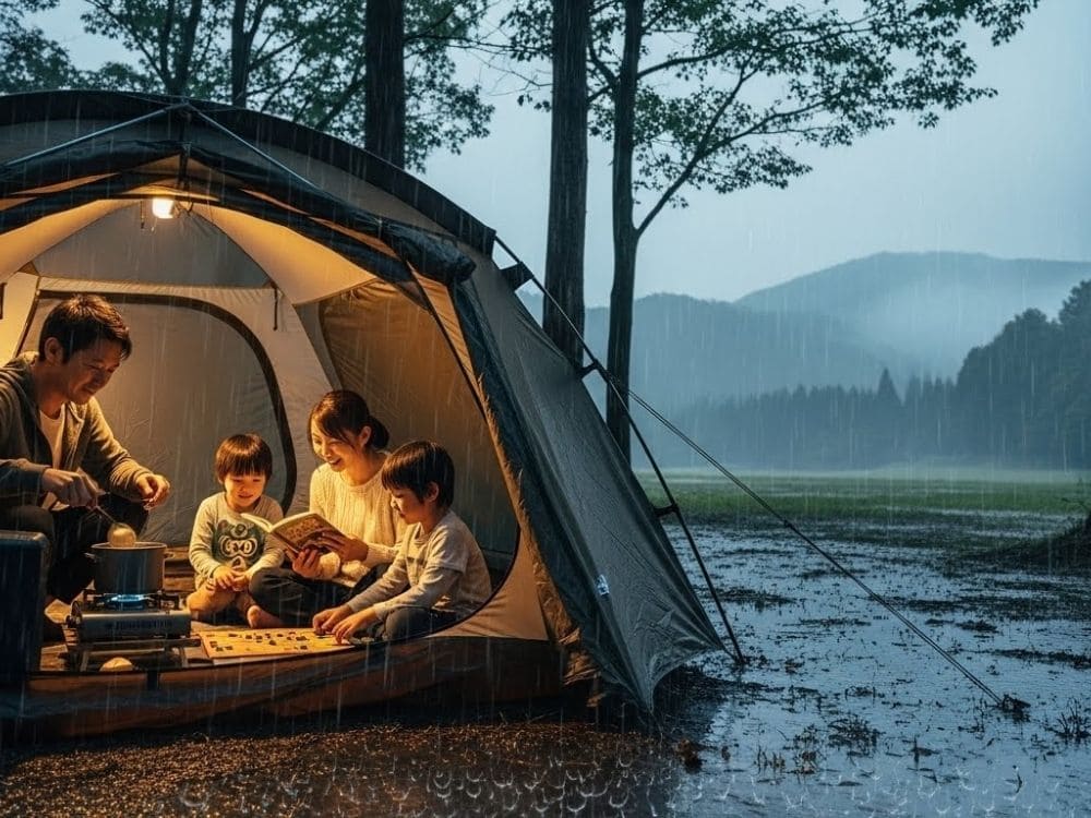 雨の日のキャンプを楽しむ家族の画像