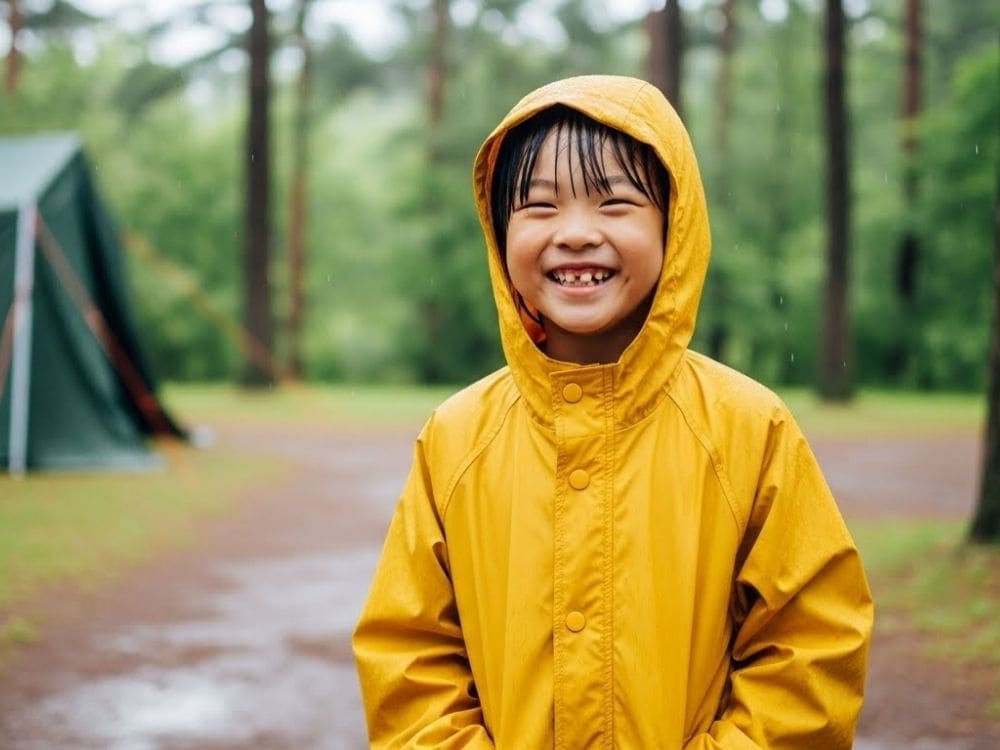 雨の中キャンプを楽しむ子供