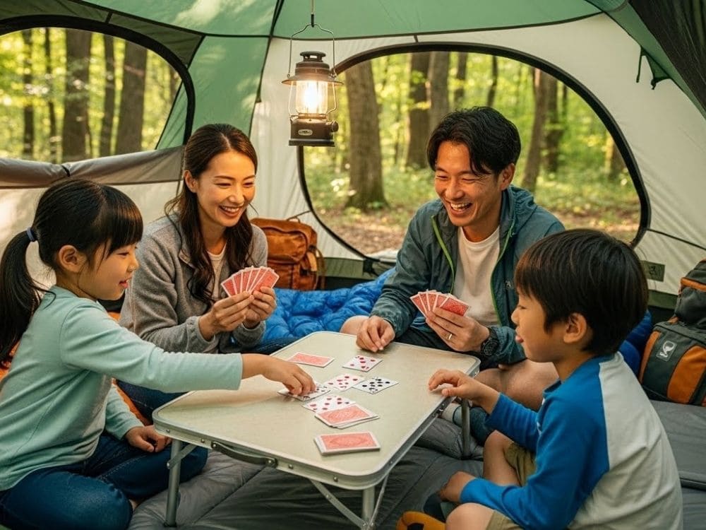 テントの中でトランプをして過ごす家族の画像