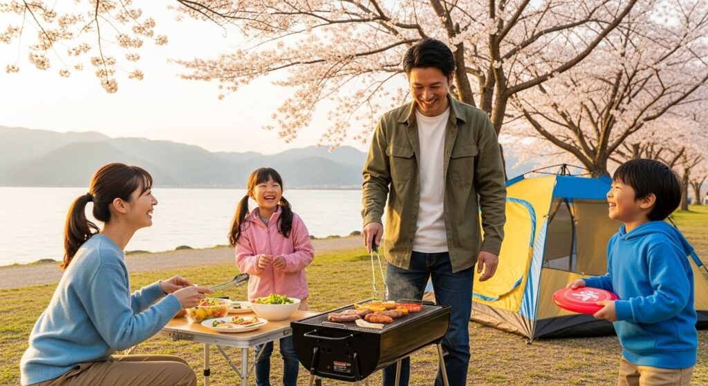 春キャンプを楽しむ家族の画像