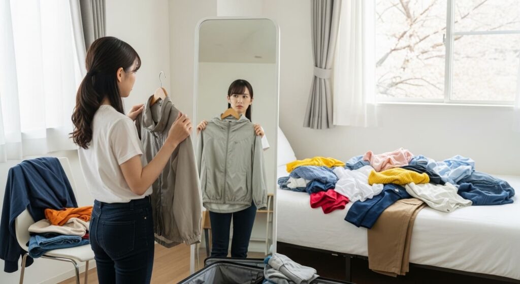 服装に悩む女性の画像