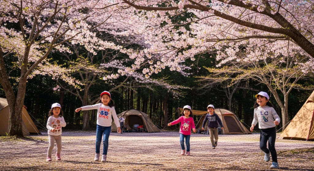 桜の咲くキャンプ場で遊ぶ子供たち