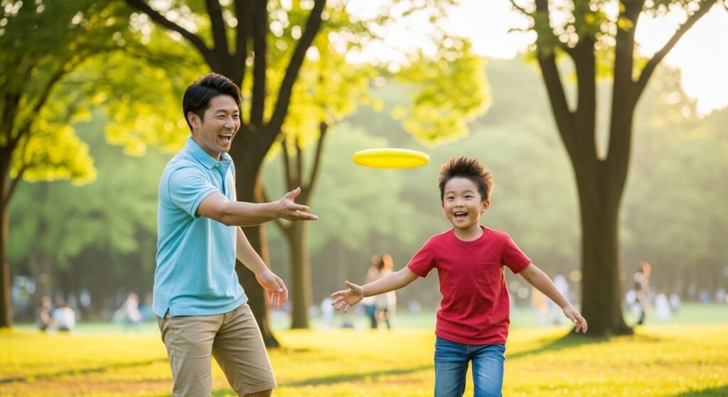 フリスビーを楽しむ親子の画像