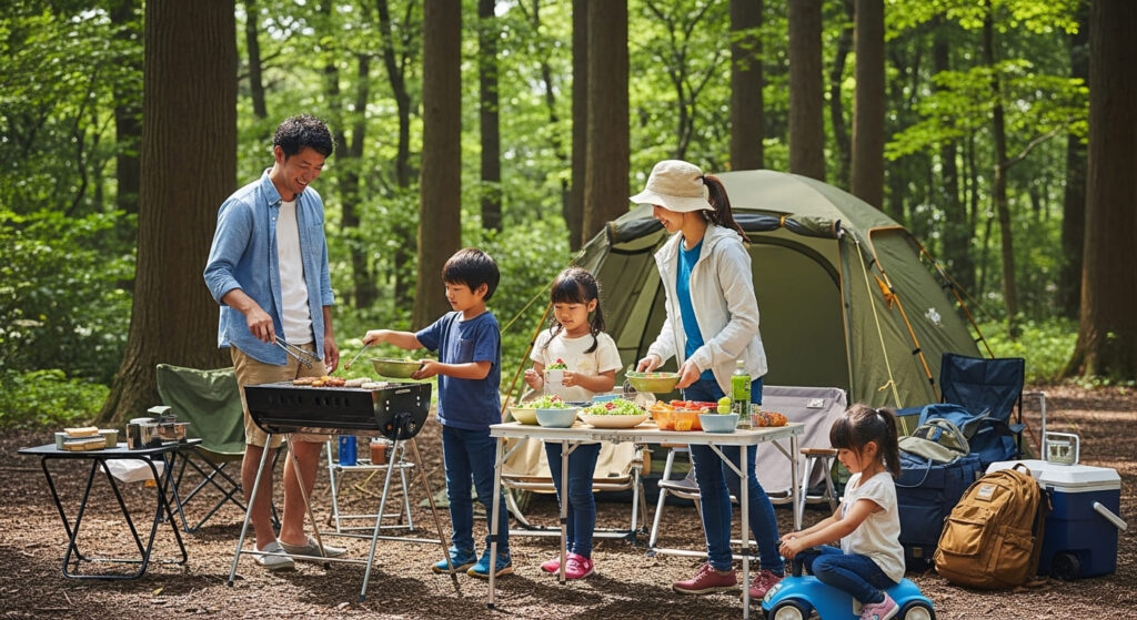キャンプを楽しむ家族の画像