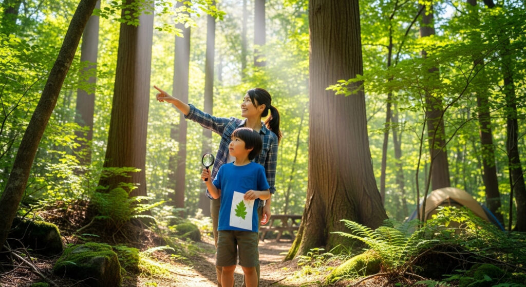 森を散策する親子の画像