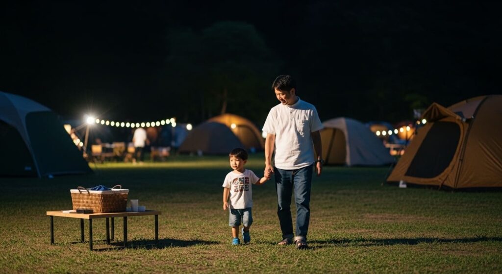 夜のキャンプ場を散策する親子の画像