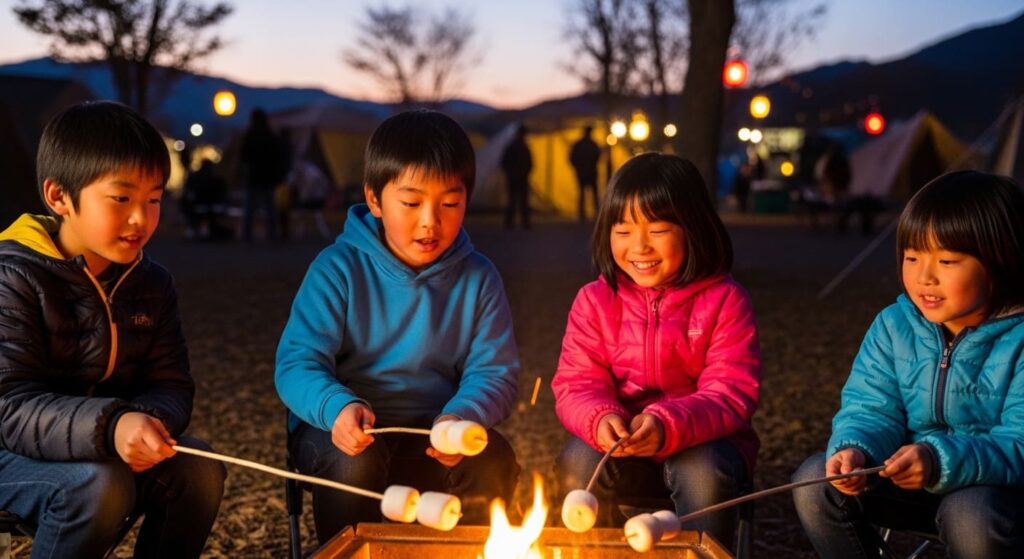 焚き火を楽しむ子供達の画像
